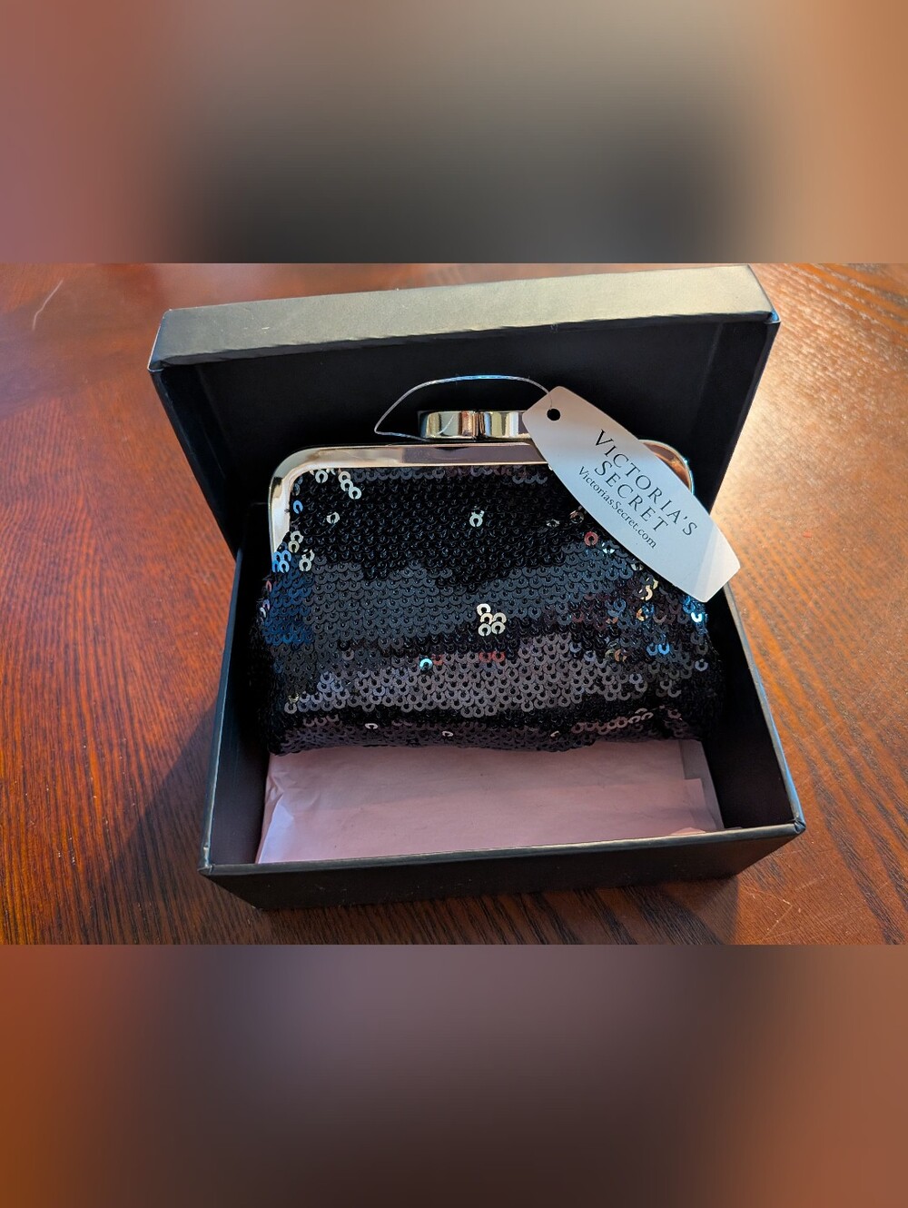 Victoria's Secret Black Sequin Change Purse with Silver Frame, NWT